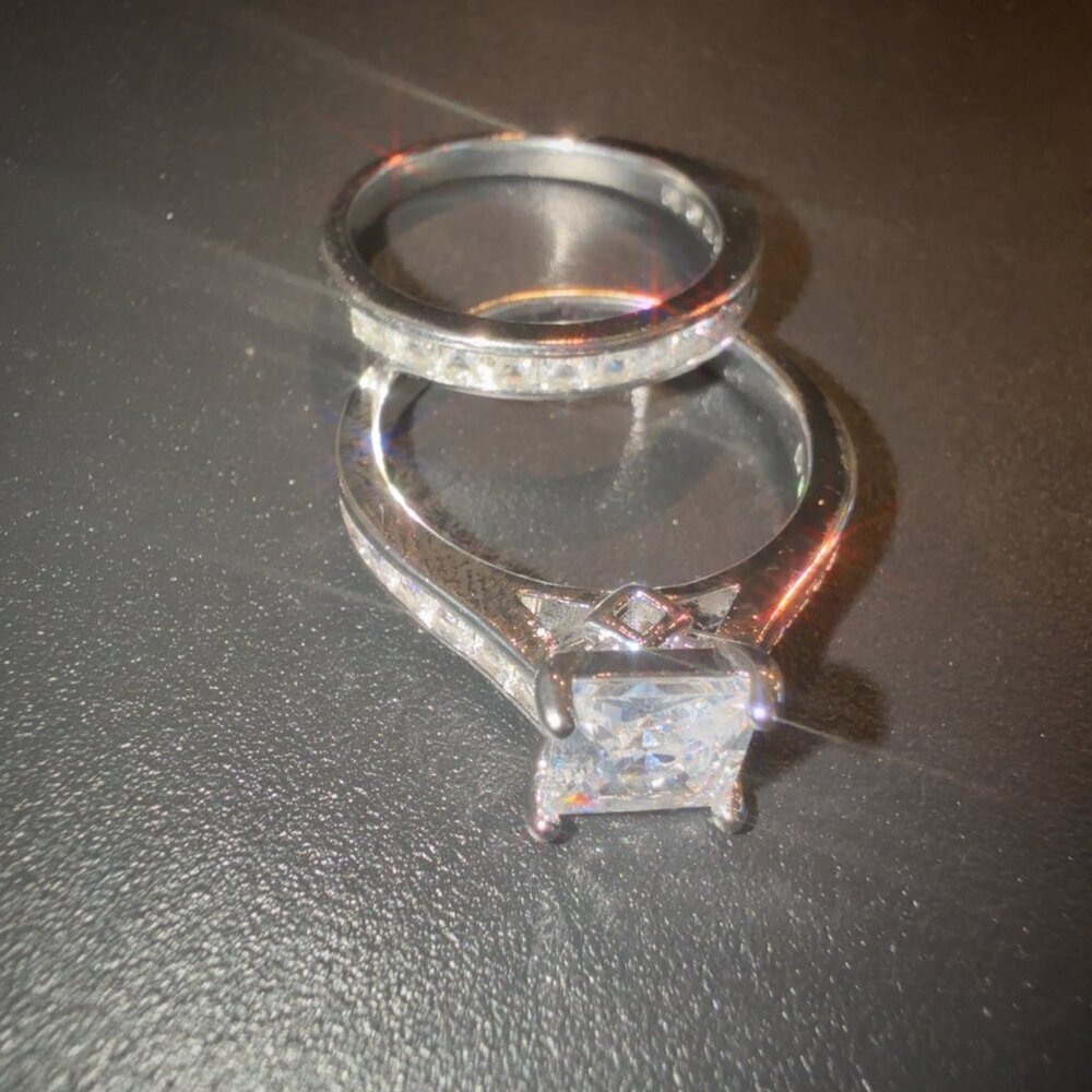 2 PC Wedding Set With Princess Cut CZ Engagement & Eternity Band Ring In Sterlin - Picture 5 of 8